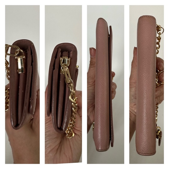 💯 PRADA Logo Plate Pale Pink Saffiano Leather Wallet on Chain w/ auth cert - Picture 9 of 13